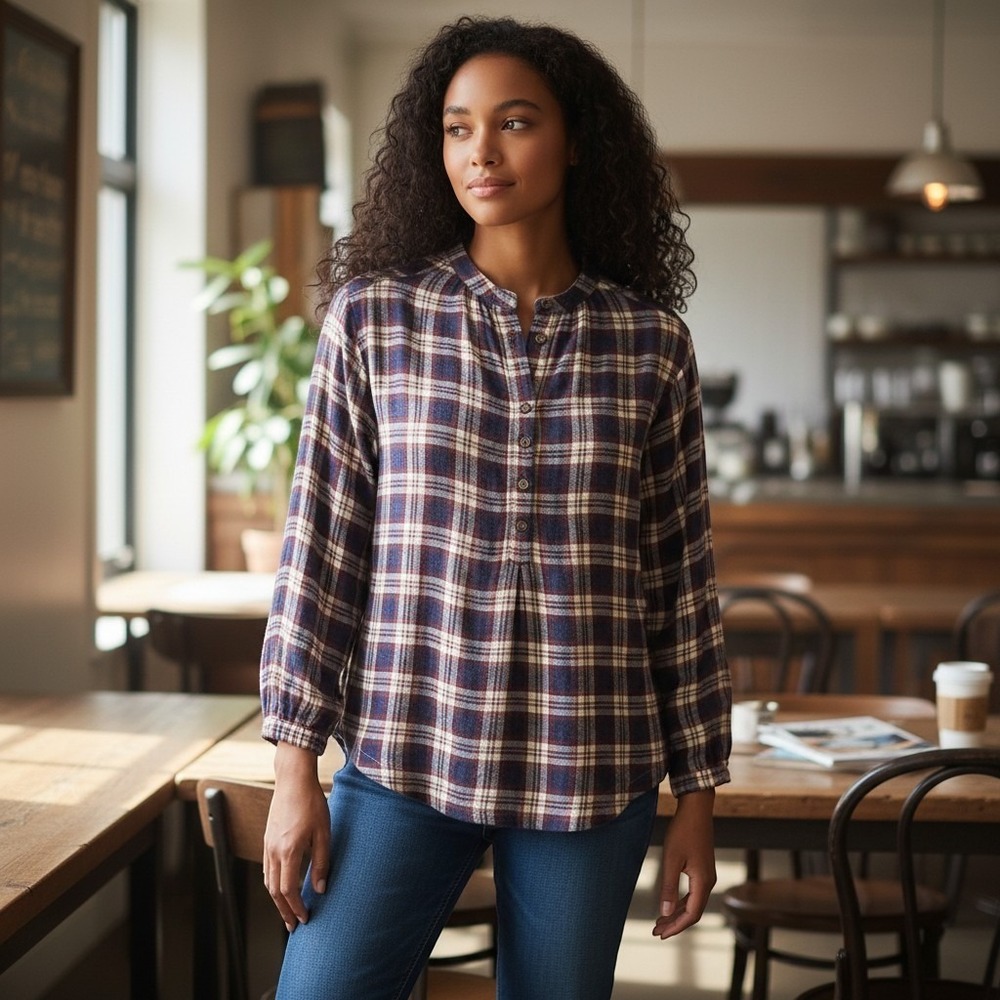 Free People Plaid Popover Blouse Beige Blue Cottagecore Fall Lumberjack Size S